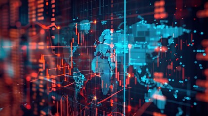 A digital art piece representing global stock markets, with interconnected nodes and lines, world map outlines.