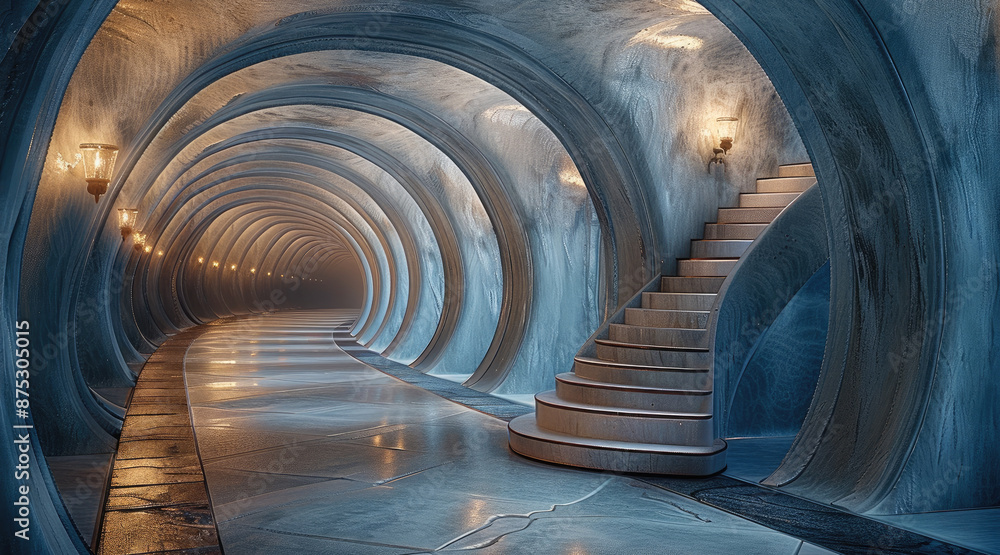 Poster a small corridor, mystical, winding corridor in a vault. generative ai.