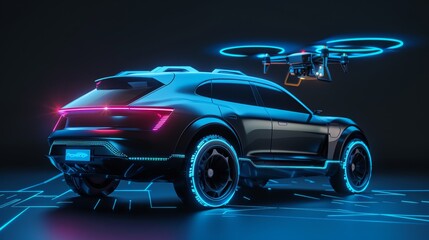 Futuristic concept SUV car with drone in neon lights, technology and innovation concept, navigation with AI