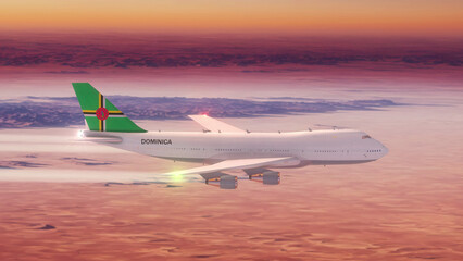 Commercial Airliner Passanger Plane Jumbo Jet Flying over Desert at Sunset with Country Flag...