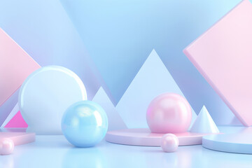 Pastel geometric shapes including spheres, pyramids, and squares create a soothing, minimalist composition with soft pink, blue, and white hues.