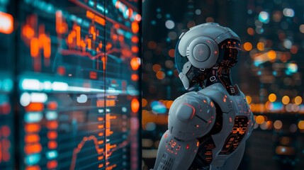 A futuristic robot with artificial intelligence analyzes the cryptocurrency market, which is represented by charts of falling and rising prices on a large screen