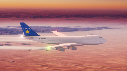 Commercial Airliner Passanger Plane Jumbo Jet Flying over Desert at Sunset with Country Flag Kosovo