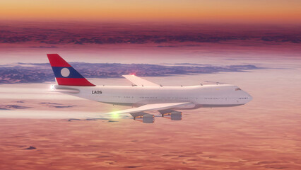 Commercial Airliner Passanger Plane Jumbo Jet Flying over Desert at Sunset with Country Flag Laos