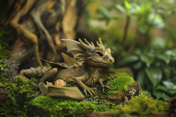Fototapeta premium A fantastical small dragon rests among lush greenery, appearing as if from a fairytale setting in the forest.
