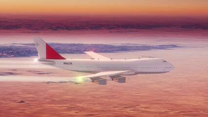 Commercial Airliner Passanger Plane Jumbo Jet Flying over Desert at Sunset with Country Flag Malta