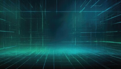 Abstract blue grid perspective design background with lighting. High technology lines landscape connect of future