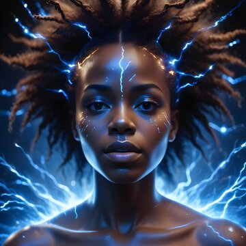 Telepathy, telepathic woman with electric sparks signifying clairvoyance