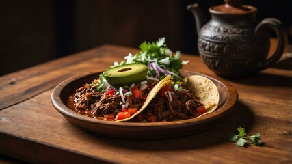 birria taco served aesthetically in a wooden plate and table