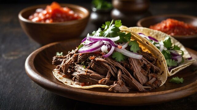 barbacoa taco slowcooked beef traditionally cheek or served aesthetically in a wooden plate and table