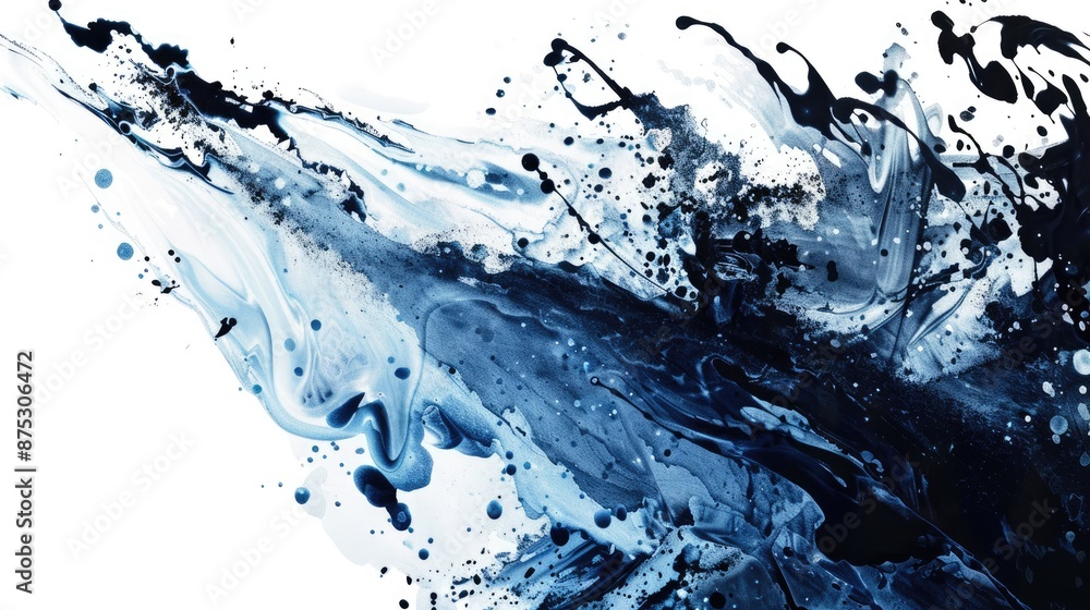 Poster abstract blue and black ink splatter on white background, creating a dynamic and artistic visual eff