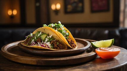 tacos gobernador taco served aesthetically in a wooden plate and table
