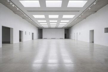 Obraz premium Wide angle of minimalist white gallery interior with square skylights illuminating concrete floor