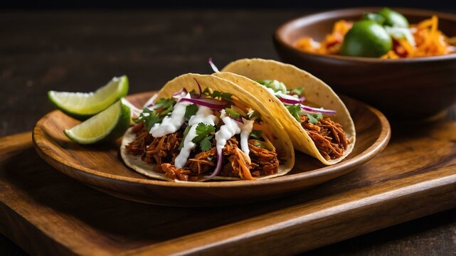 tinga taco served aesthetically in a wooden plate and table