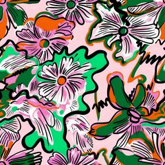 Modern Art Floral Seamless Pattern with Pink and Orange Accents