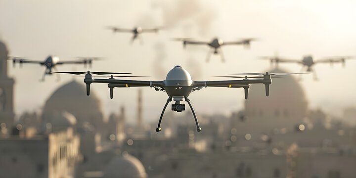 Military drones engaged in aerial combat over a Middle Eastern city during daylight. Concept Warfare, Military Drones, Aerial Combat, Middle East, Daytime