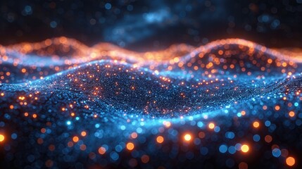 Abstract blue grid perspective design background with lighting. High technology lines landscape connect of future