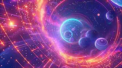 Abstract digital artwork depicting a vibrant, colorful representation of space and cosmic phenomena with planets and galaxies.
