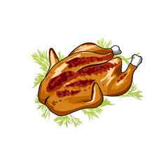 A whole roasted chicken cooked with a torch, complete with a rosemary leaf garnish.