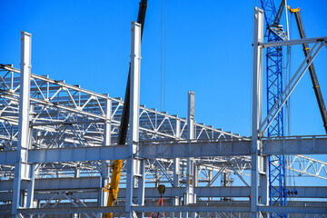 Steel frame structure building construction site