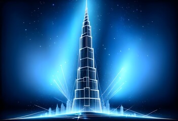 Sckyscraper drawing on a dark Blue background, light on the base, light Lines frame behind It, sparkling aura around It, stars in the background 