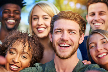 Fototapeta premium Diversity group, happy and selfie of friends in nature for community, excited and farewell for summer vacation. Students, photography or good memories with smile for holiday, solidarity or friendship