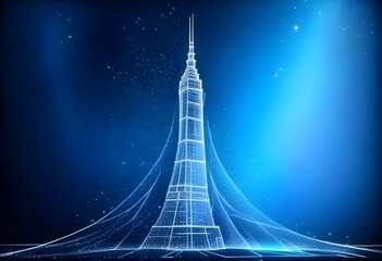Sckyscraper drawing on a dark Blue background, light on the base, light Lines frame behind It, sparkling aura around It, stars in the background 