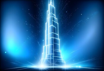 Sckyscraper drawing on a dark Blue background, light on the base, light Lines frame behind It, sparkling aura around It, stars in the background 
