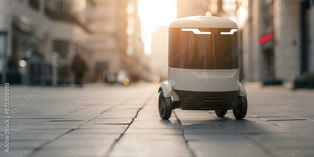 Poster efficient courier services a futuristic intelligent delivery robot navigating city sidewalks. concep