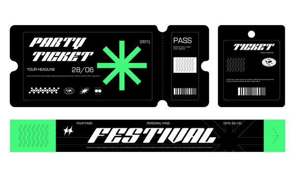 Control ticket bracelets for events, disco, festival, fan zone, party, staff. Vector mockup of a festival bracelet in a futuristic style.