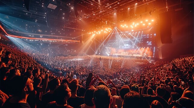 A pop concert in a big concert venue full of thousands of people at night. Generative AI.