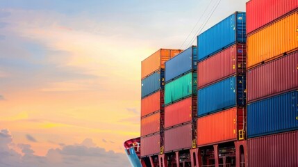 Fototapeta premium Stacked shipping containers on a vessel against a serene sunset sky, highlighting global trade during peaceful evening hours