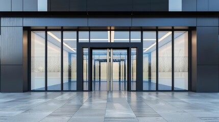 Fototapeta premium Modern glass building entrance with reflective windows and a sleek, minimalist design