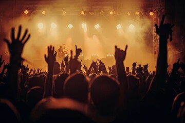 Silhouetted crowd at a concert with stage lights and smoke.