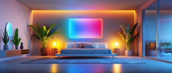 Modern bedroom with neon lighting and indoor plants, offering a cozy and futuristic ambiance