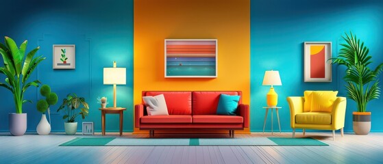 Vibrant living room with colorful furniture and plant decor, creating a bright and cheerful atmosphere