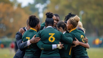 Photo of a diverse group of female rugby players celebrating a victory. They are wearing green and gold jerseys and are embracing each other. AIG535