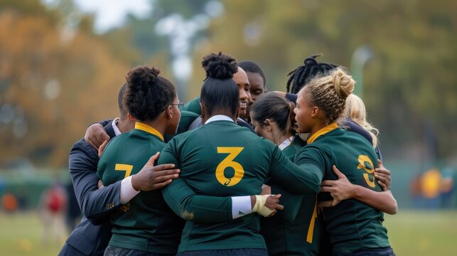 Photo of a diverse group of female rugby players celebrating a victory. They are wearing green and gold jerseys and are embracing each other. AIG535 - Powered by Adobe