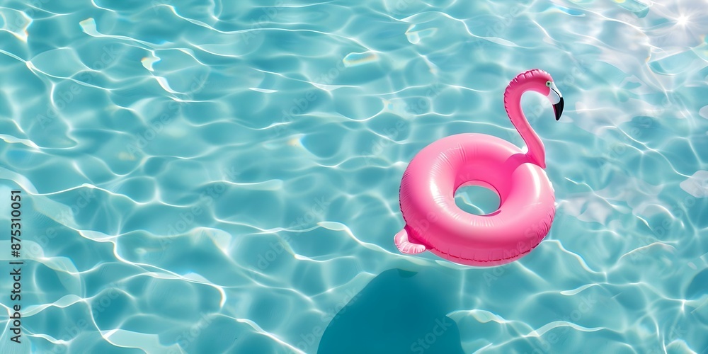 Poster pink flamingo inflatable casting shadows in pool, creating abstract background. concept summer photo