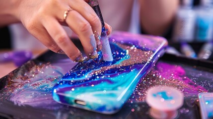 Busy duo creating custom phone cases with resin and glitter