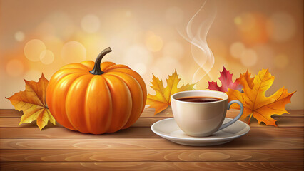 autumn still life with pumpkin and a cup of coffee, fall, cafe, table, restaurant, seasonal drink, cappuccino, espresso, latte, yellow leaves, food photo, illustration, drawing, beige, orange, art