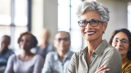 Obraz premium Empowerment of Older Adults. A confident senior black businesswoman leading a corporate meeting, standing at the forefront with diverse team members listening intently. Leadership and Expertise.