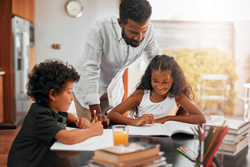 Father, children and books with homework for learning, guidance or help on kitchen table. Happy dad, kids or siblings studying together for education, knowledge or childhood development at house