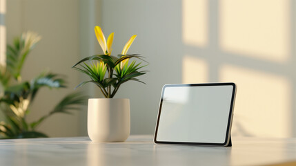 An iPad mockup with a white screen, lying flat on a marble countertop