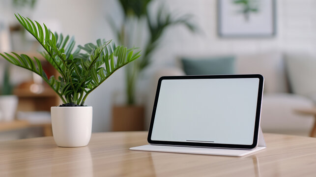 An iPad mockup with a white screen, lying flat on a marble countertop