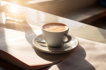 Obraz premium Morning Serenity: A Photo-Realistic Latte and Open Book Scene in a Modern Living Room