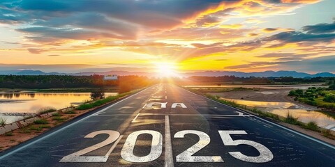 Road to 2025 with sunset sky.