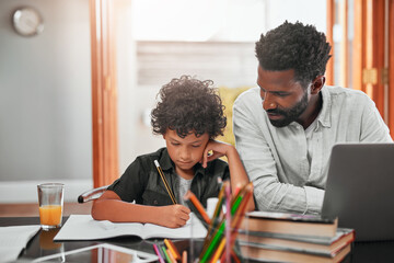Father, son and books with homework for learning, guidance or help on assessment at house. Dad, little boy or young child studying together for education, knowledge or childhood development at house