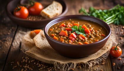 Homemade Brown Lentil Soup with Carrots Onions and Tomatos
