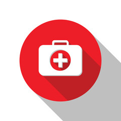 3d first aid kit on red circle with shadows. button, sign, symbol